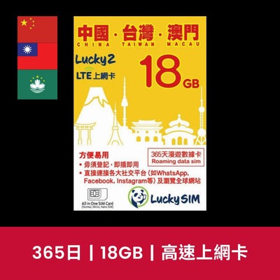 【售價】LuckySim 中國、澳門、台灣 365天 18GB 上網電話卡，現售 HK$ 140，優惠減價中！