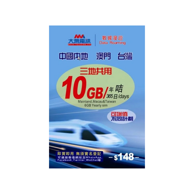 【售價】大眾電訊 中國、澳門、台灣 三地共用 365天 10GB 外遊數據卡，現售價 HK$ 99，優惠碼減 HK$ 10！