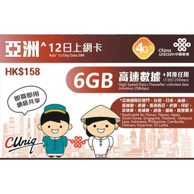 【售價】中國聯通 亞洲14國 12天 6GB 限速無限上網電話卡，現售 HK，優惠價減至 HK。