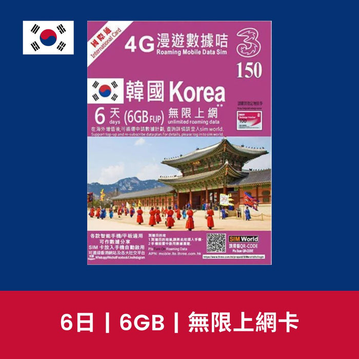 【售價】3 香港 韓國 6日 6GB 限速無限上網電話卡，現售價 HK$ 70，買滿 HK$ 100 減 HK$ 10！